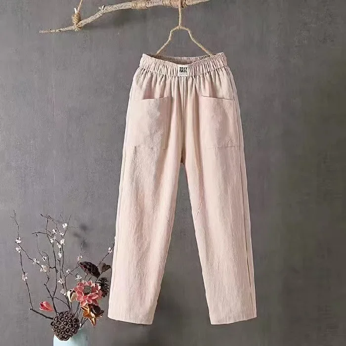 Women Loose Casual Pocket Cotton Linen Long Straight Pants Cropped Harlan Pants