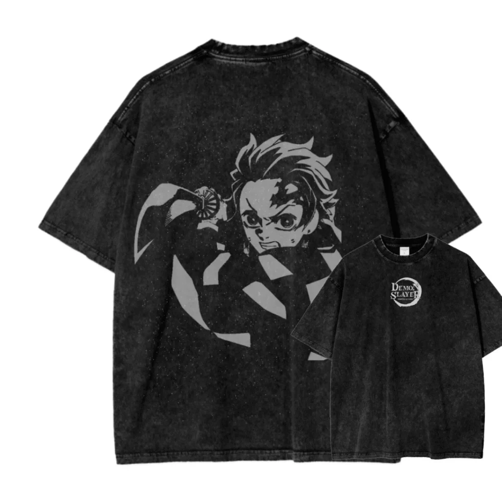 2026 Neues ACID WASH TEE Demon Slayer Anime Bedrucktes T-Shirt für Herren und Damen, Gewaschenes T-Shirt, Hochwertiges Vintage Baumwoll-T-Shirt