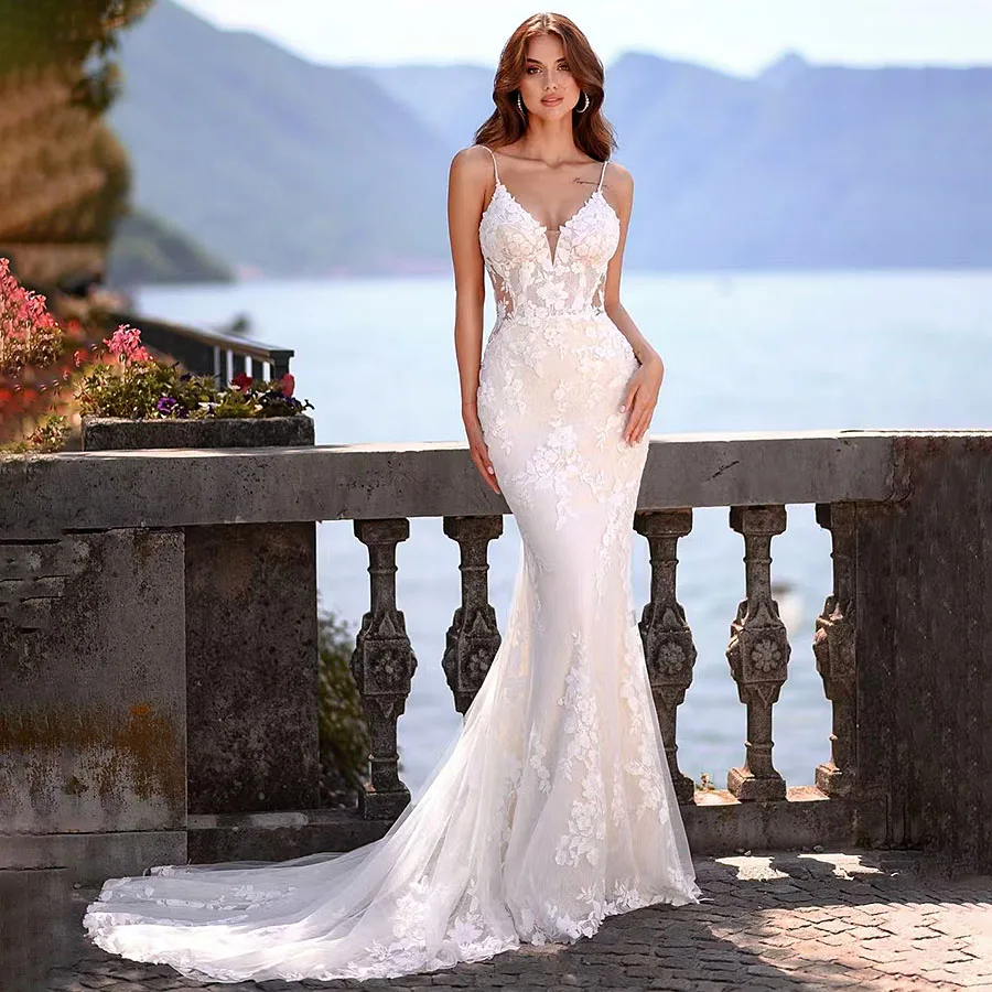 Morden Lace Embroidery Satin Mermaid Wedding Dresses V Neck Lace Sleeveless Sexy Boho Beach Bridal Gown Court Train 2025