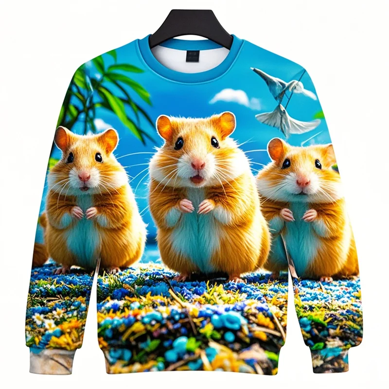 Funny Animal 3D Printing Hamsters Sweatshirts Circetidae Graphic Round Neck Hoodies Kid Cute Streetwear Sweatshirt Mens Clothing