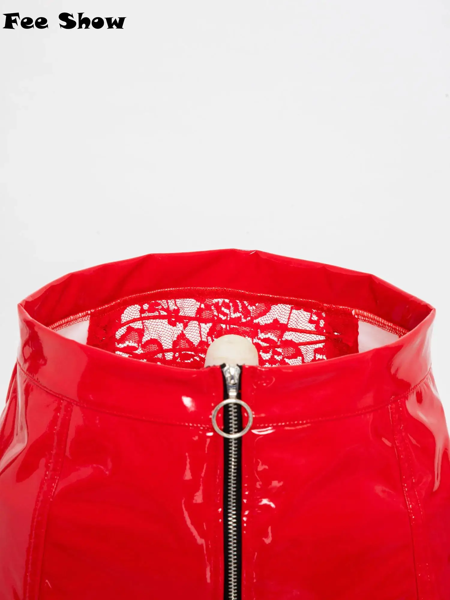 

Womens Wet Look PU Miniskirt Front Zipper Back Sheer Floral Lace Patchwork and Lace-up Bodycon Skirt Clubwear Nightwear