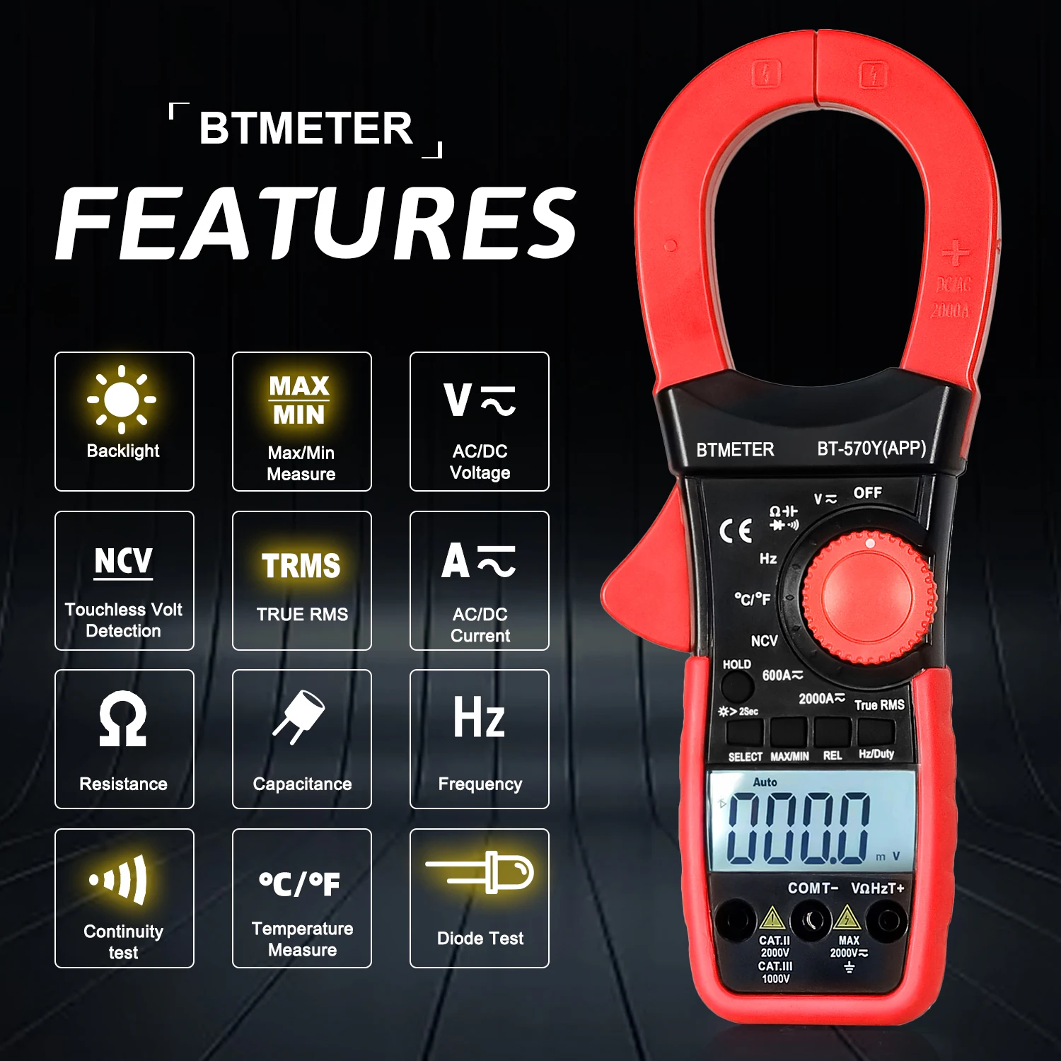 Imagem -02 - Digital ac dc Clamp Multímetro Ferramenta de Medição de Temperatura com Lcd Conexão Bluetooth 6000 Contagem True Rms Bt570y-app