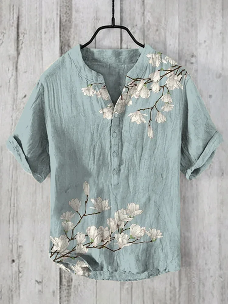 Camisa de manga curta estampada com abelha, blusa solta de linho de bambu, decote em v, casual, comércio exterior, primavera e verão, novo estilo