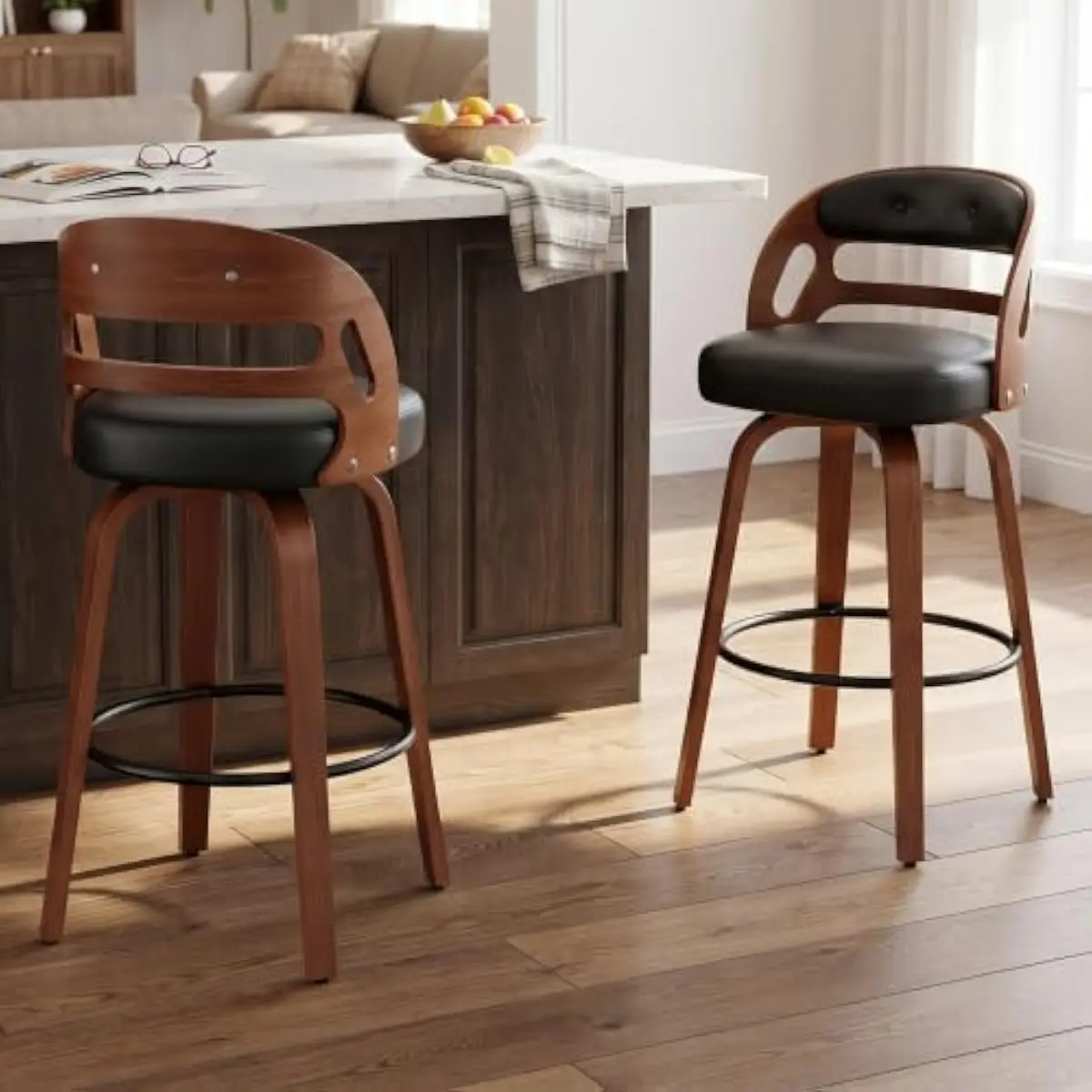 26 Inch Rotating Bar Stools Pair Black Mid-Back Design Thick Sponge Cushion Wooden Structure Open Back Support Breathable Comfor