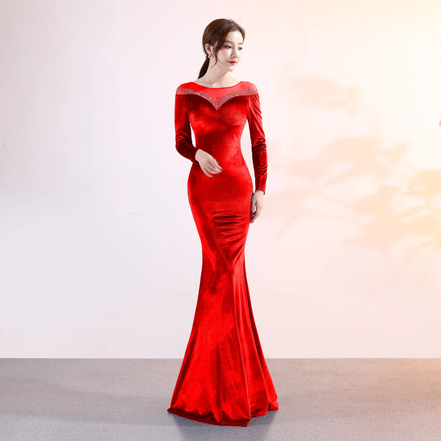 Elegant and Pretty Women's Velvet Prom Dress, Long Sleeves, Bride, Evening, Formal Party, Special Events, Luxury, Korean