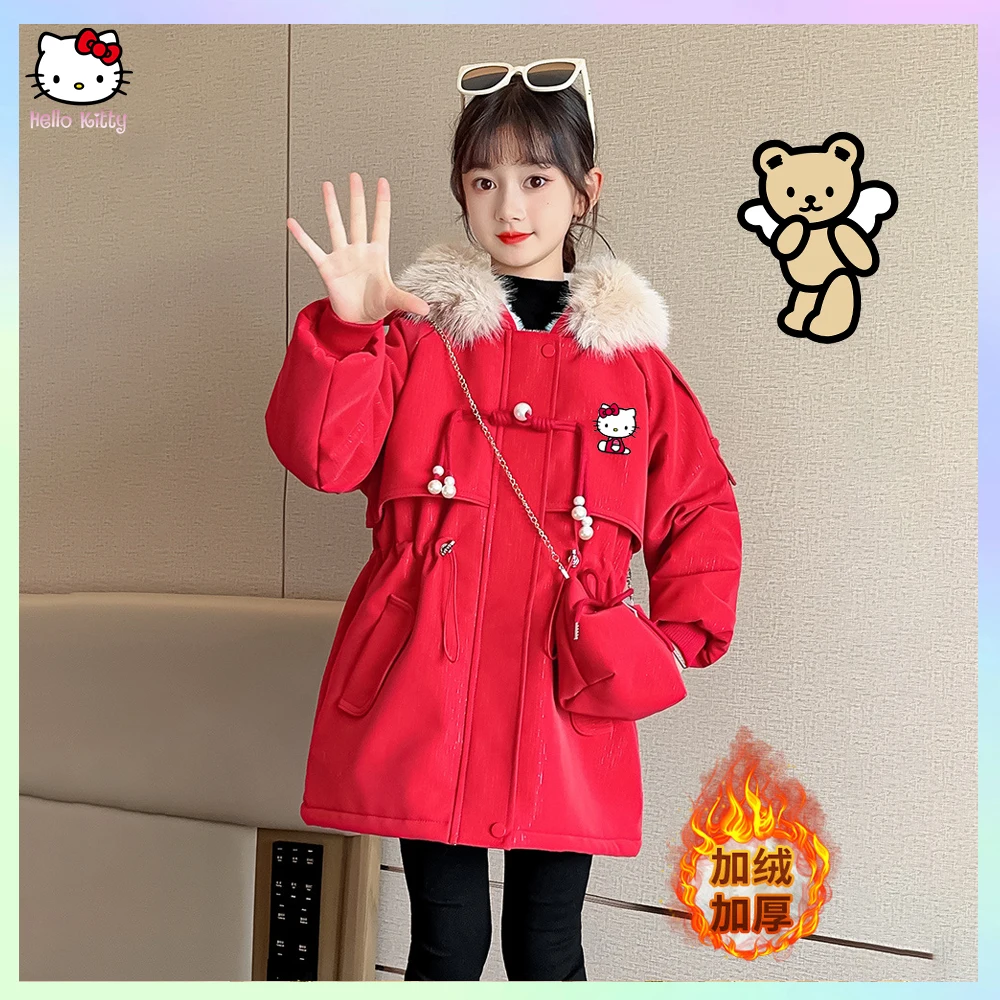 

Sanrioed Anime Hellokitty Winter Kids Warm Cotton Jackets Girls Clothes Fur Collar Kids Plush Padded Coat for Girls Velvet Parka