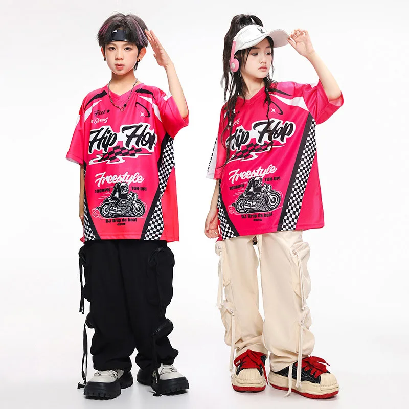 

Kid Hip Hop Clothing Rose Print V Neck T Shirt Beige Black Casual Multi Pockets Cargo Pants for Girl Boy Dance Costumes Clothes