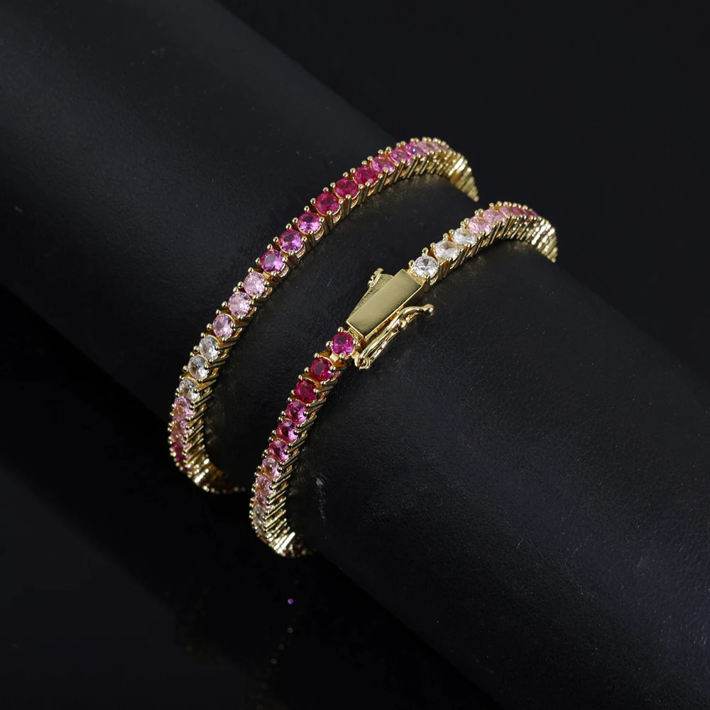 2025NEW موضة 3 مللي متر زركون الوردي تشيكوسلوفاكيا تنس سلسلة سوار الذهب اللون مطلي الملونة النساء فتاة العصرية مجوهرات #1