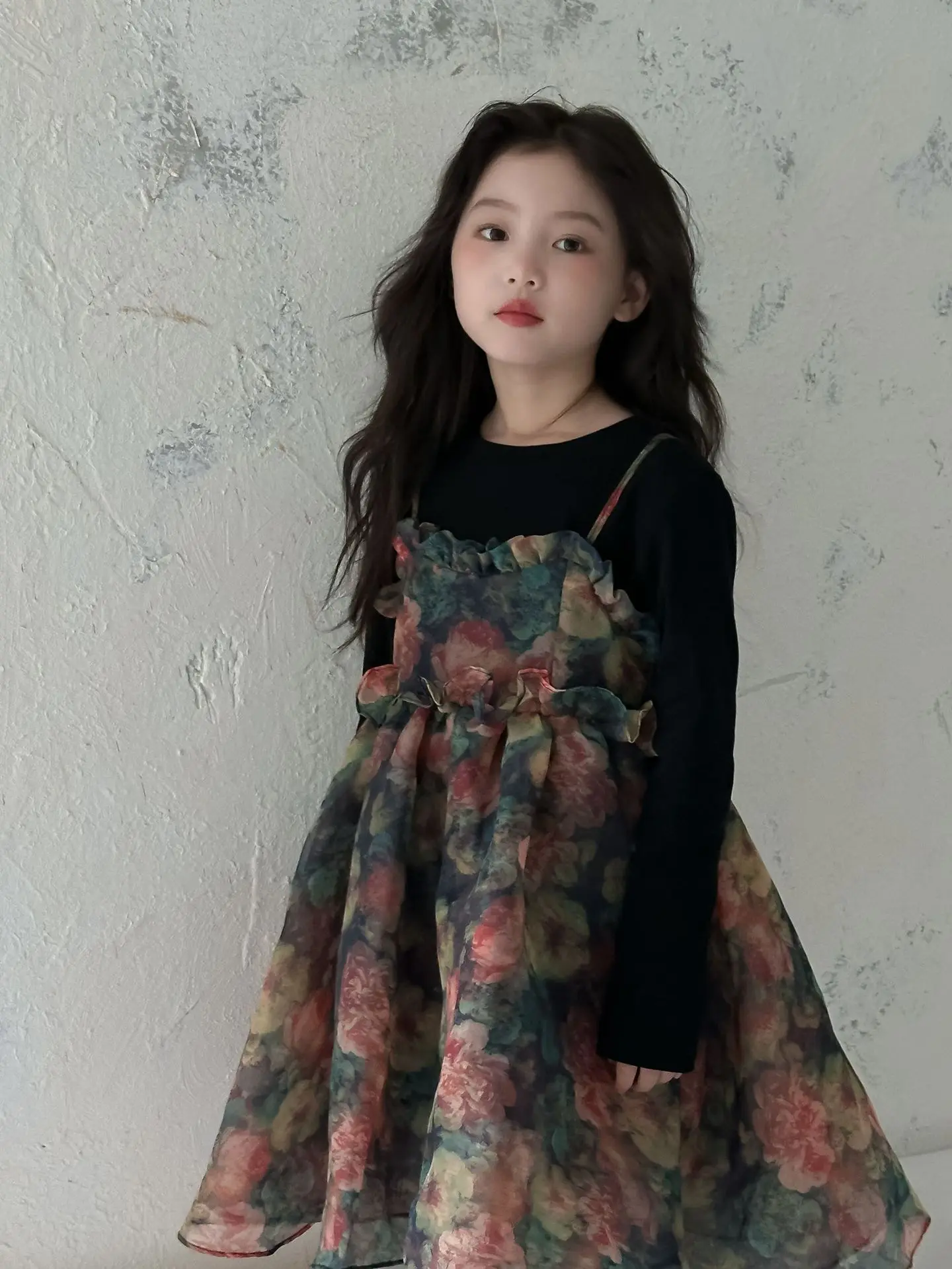 Girls Casual Dresses Autumn Girl Black T-shirt Camisole Flower Mesh Gauze Suit Princess Simple Printing Loose Beautiful 2024