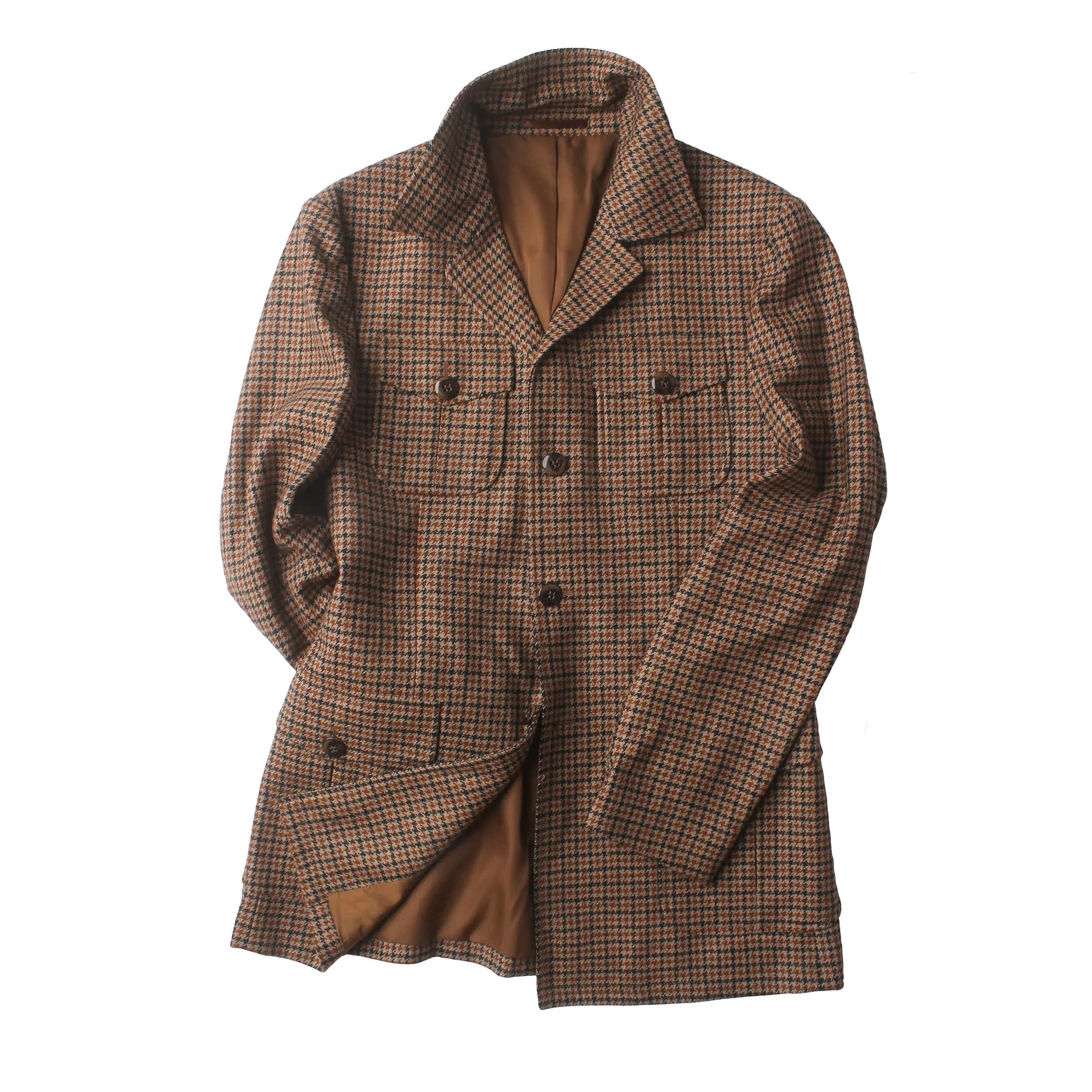 Men's Brown Houndstooth Wool Blend Blazer Jacket with Stand Collar and Flap Pockets Custom Made M264574