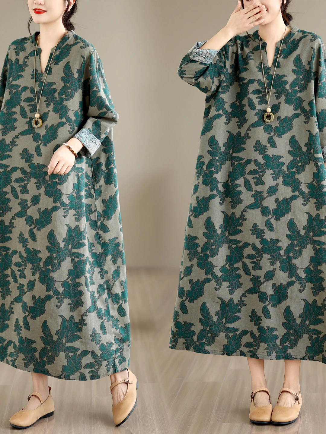 Retro Large Size Cotton Linen Print Casual Long Sleeve Loose Slimming Meat Covering Dress Small V-neck City Walk A-line Skirt