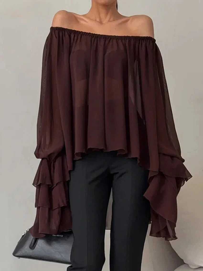 

Fashion Loose Wine Red Women Shirt Sexy Slash Neck Long Sleeve Shirts Elegant Classic Pleated Tops Female Clothing