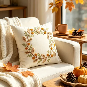 Harvest Leaf Wreath Pillow Cover 3