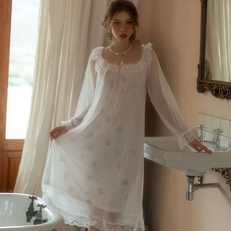 

Женская ночная рубашка, хлопковая кружевная сетчатая пикантная Элегантная ночная рубашка с длинным рукавом, одежда для сна, Женское ночное платье