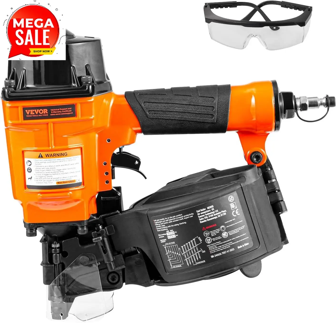 MCN55 Coil Siding Nailer, 70-120PSI Air Coil Nailer 1 inch to 2-1/4 inch 15 Degree Pneumatic Siding Nail Gun for Siding, Pallet