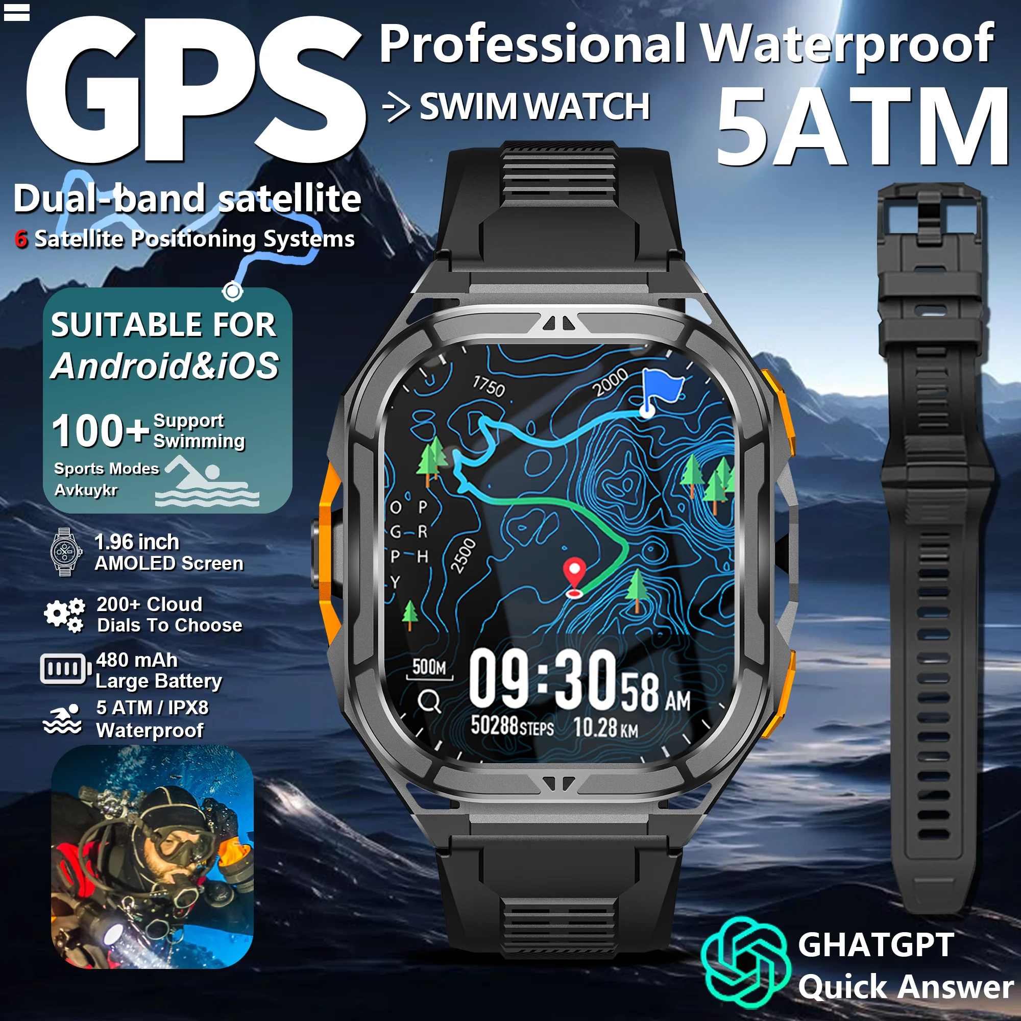 

Новинка 2025 года, спортивные умные часы с двумя диапазонами и GPS-позиционированием, компас, высота, давление воздуха, 5 АТМ, водонепроницаемые, пульсометр, цельнометаллический каркас