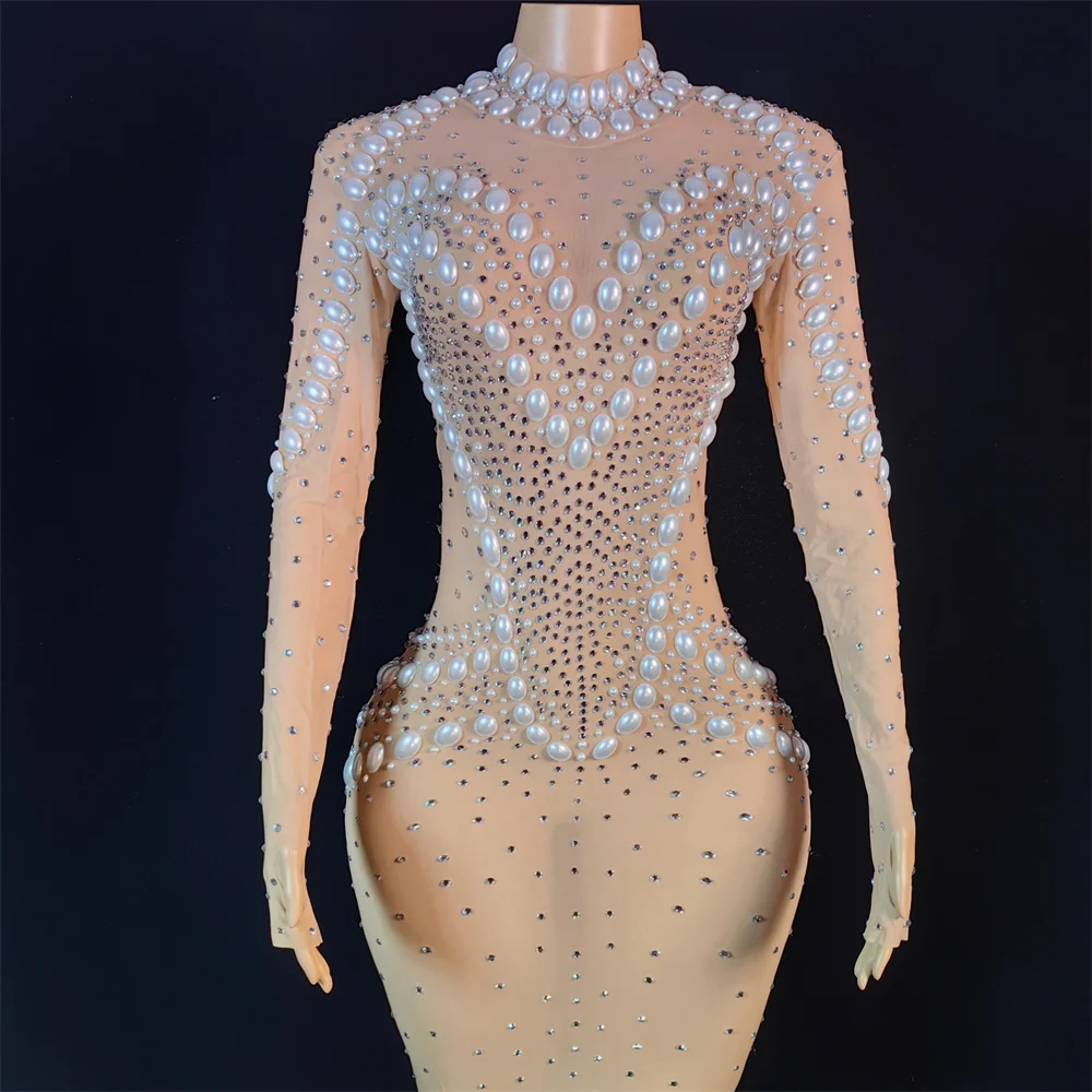 진주 럭셔리 생일 드레스 여성 고고 댄서 의상 가수 호스트 무대 착용 긴 소매 슬림 롱 드레스 반짝이 의상 yj591