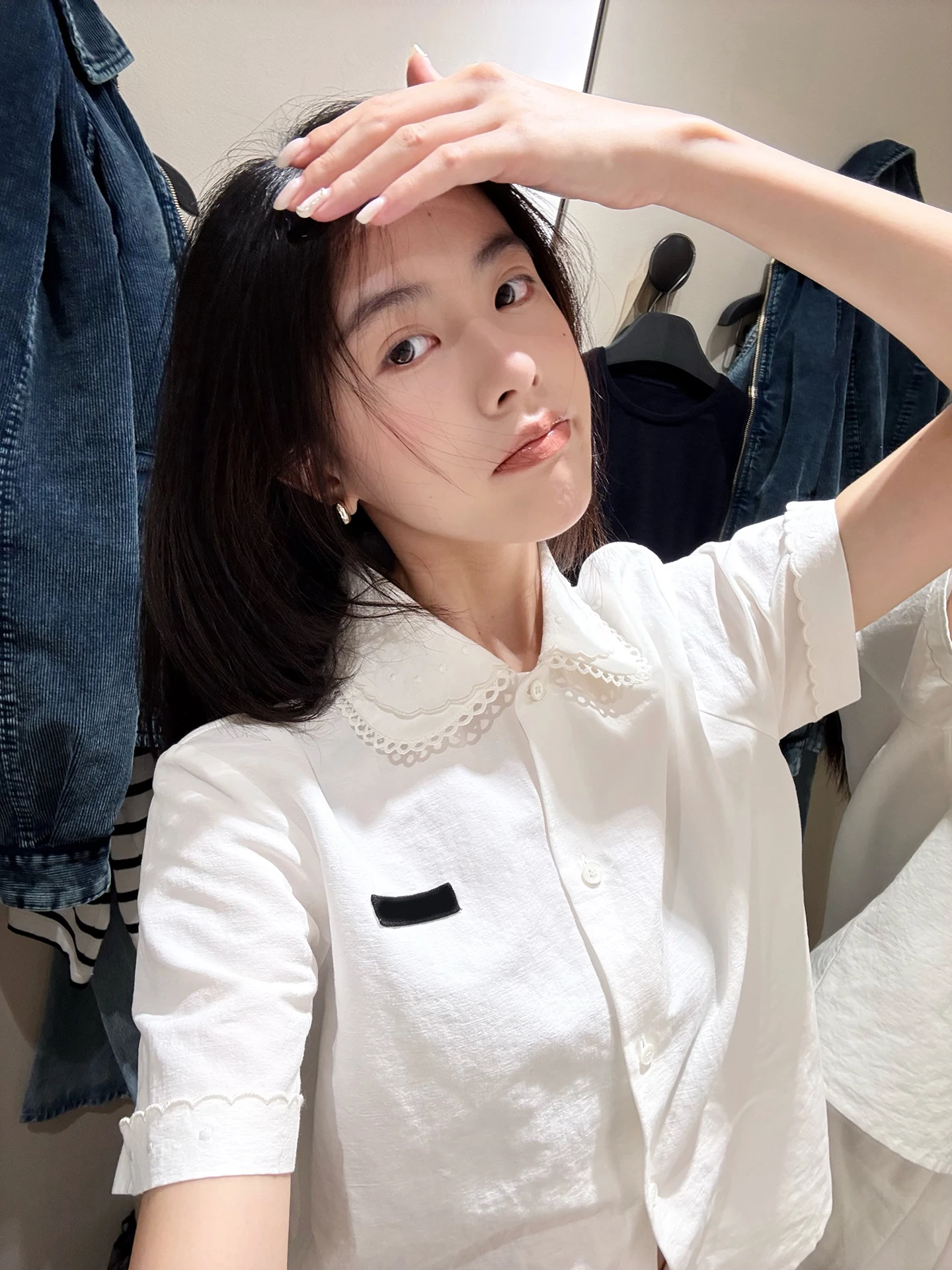 

Французская хлопковая рубашка с коротким рукавом, женская, двухслойная, с воротником-стойкой, молодежная, прямого кроя, однотонная, на пуговицах