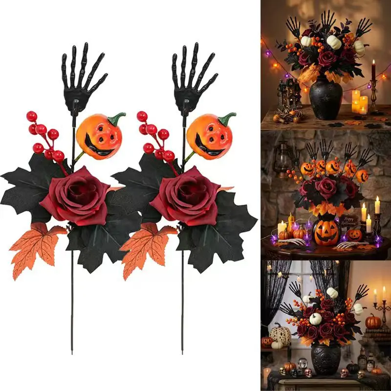 Yannew 8pcs Halloween Black Maple Leaves Rose Branches Stems with Pumpkin Skeleton Berry for Haunted House Gothic Floral Decor - view 4