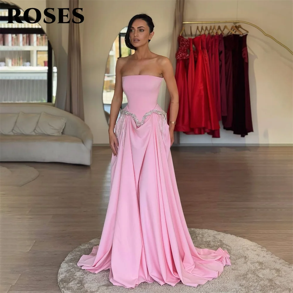 

ROSES Blush Pink Strapless Evening Dress with Crystal Fringe Waist Party Dresses Draped Satin Prom Gown robes du soir Customized