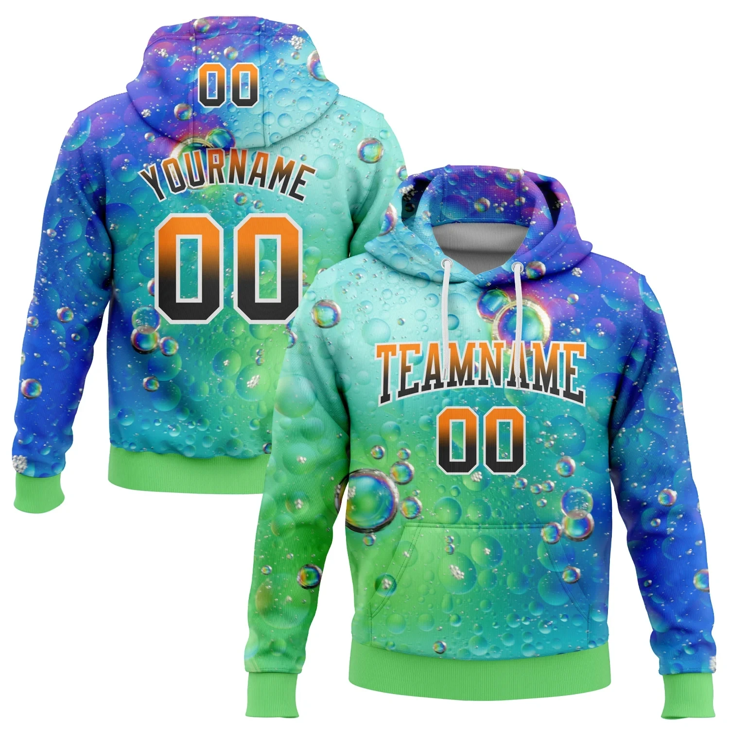 

Custom Thunder Blue Bay Orange Black-Neon Green Fade 3D Pattern Design Colorful Bubbles Sports Pullover Sweatshirt Hoodie