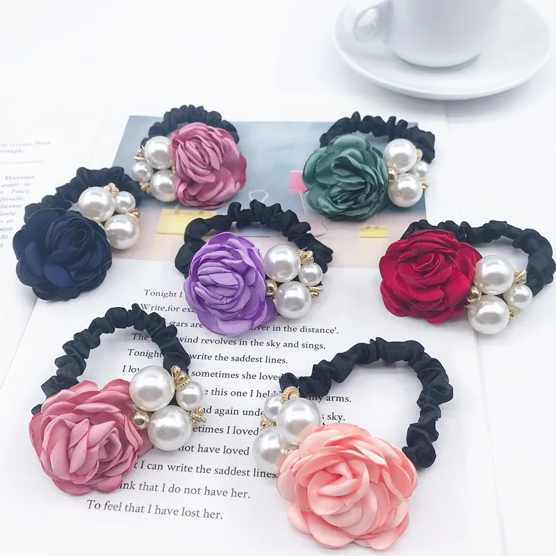 Fashion Rose Flower Hair Ropes For Women Elegant Big Imitation Pearl Elastic Hairband Scrunchies Hair Accessories Headdress