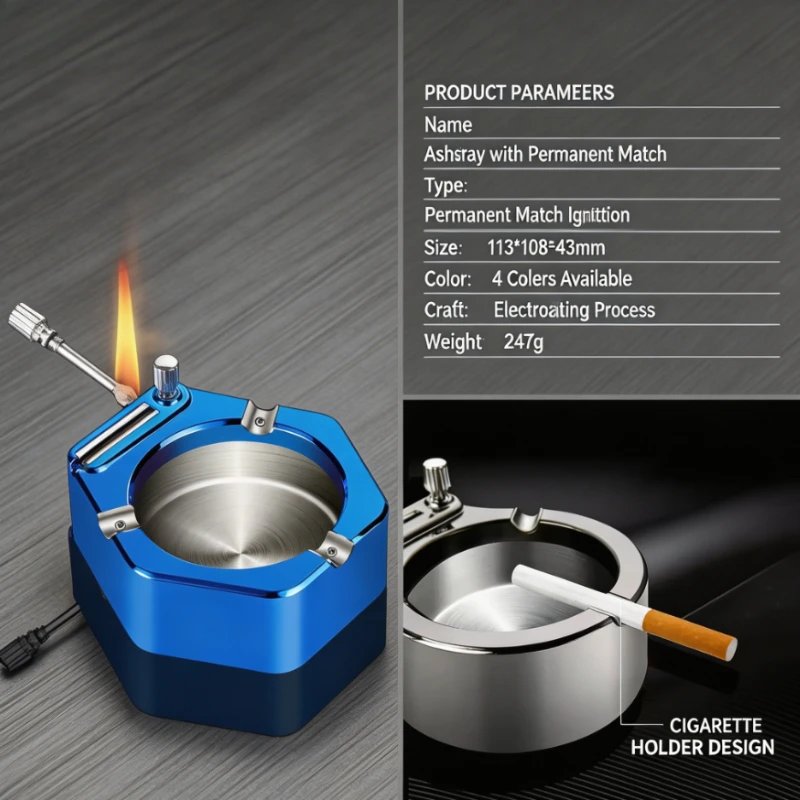 2-in-1 Lighter & Ashtray, Windproof Structure, Novel Match-style Design, Luxury Smoking Accessory, Premium Festival Gift for Men
