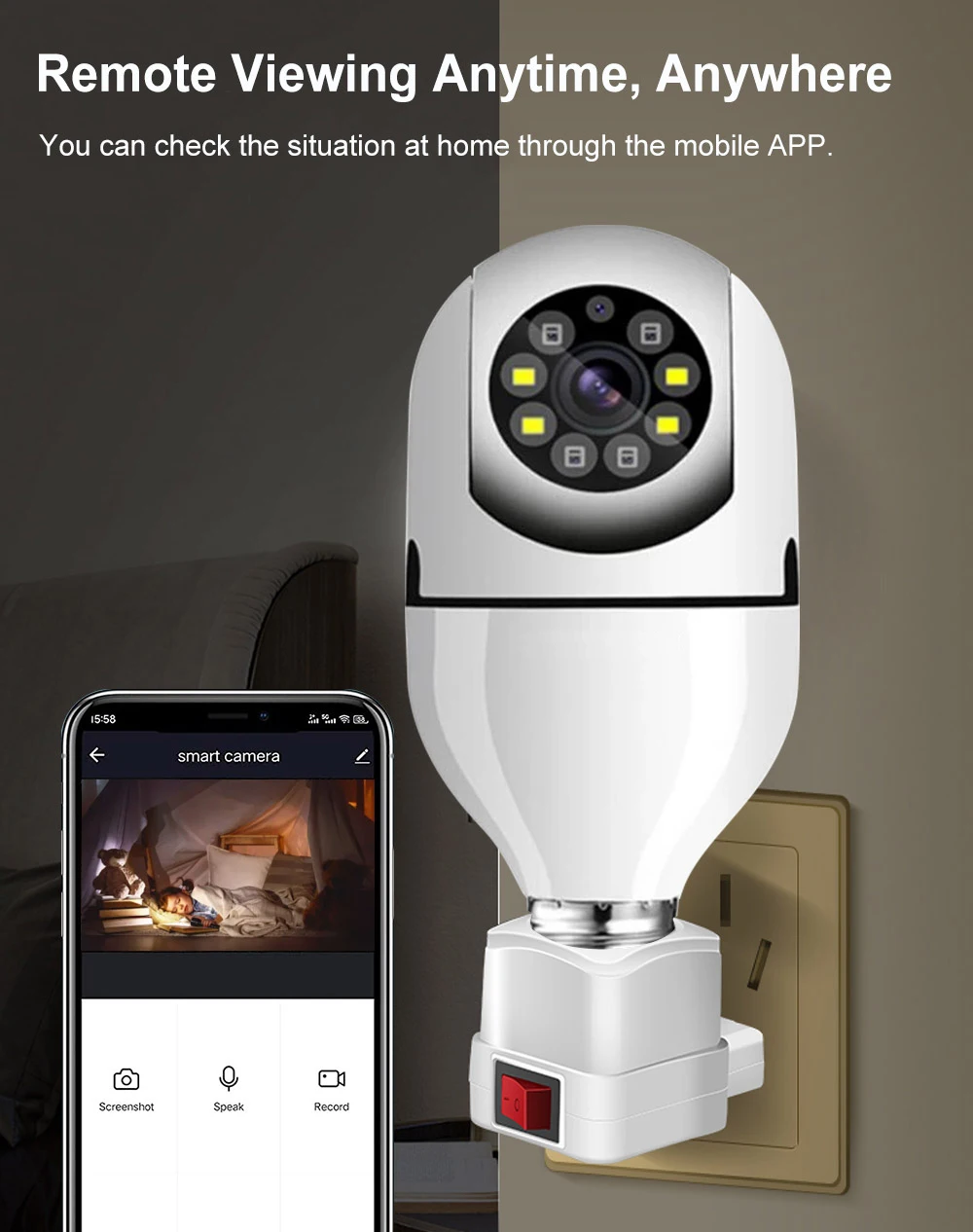 2MP 1080P Woosee APP E27 램프 헤드 소켓 360도 무선 PTZ IP 카메라 AI 휴머노이드 감지 인터콤 베이비 모니터