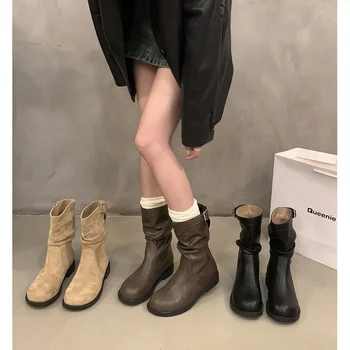 청키 힐 복고풍 중간 부츠 기사 부츠 새로운 가을과 겨울 기모 파일 스타일 작은 부츠 마틴 부츠를 2023 여성 신발