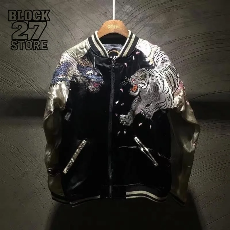 

Mens Jacket Harajuku Autumn Winter Ukiyoe Four Gods Heavy Print Dragon Tiger Streetwear Loose Fit Casual Fashion Coat Outerwear