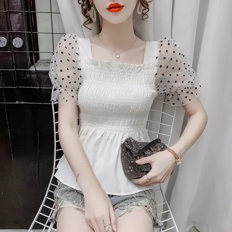 

Лето 2022, блузки с короткими рукавами, одежда для женщин, топы, рубашки, блузки, женская дизайнерская рубашка с квадратным вырезом на талии