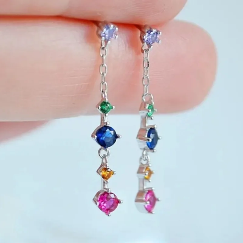 Minimalistische kleine lange Quasten-Ohrringe mit bunten kubischen Zirkonen für Frauen, für den täglichen Gebrauch, für Dating, Partys, exquisiter Schmuck