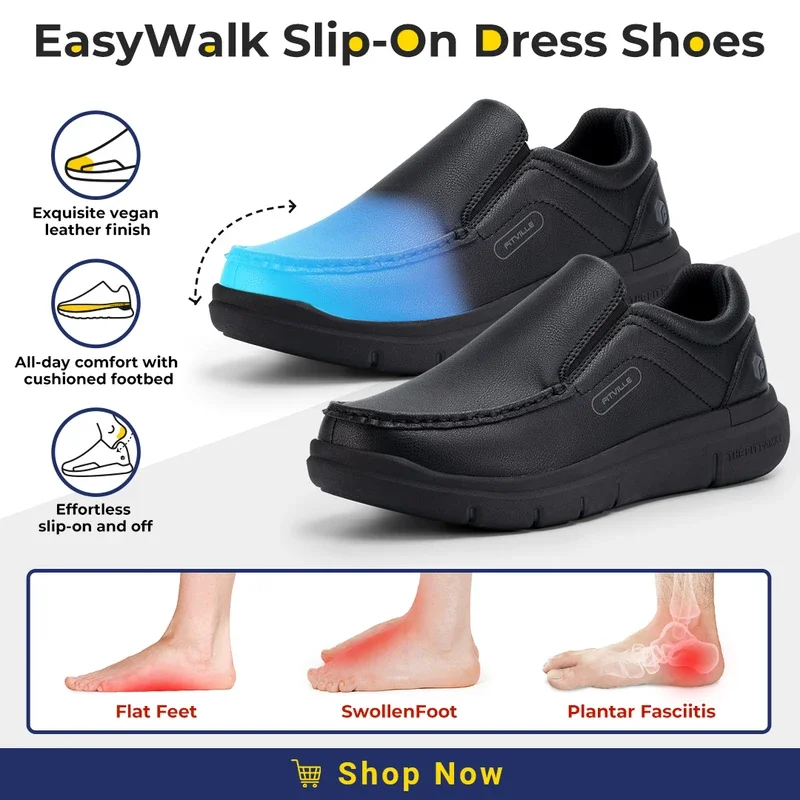 أحذية Fitville الرجالية ذات العرض العريض من الجلد سهلة الارتداء كاجوال خفيفة الوزن للأقدام المنتفخة مع دعم قوس لتخفيف الآلام