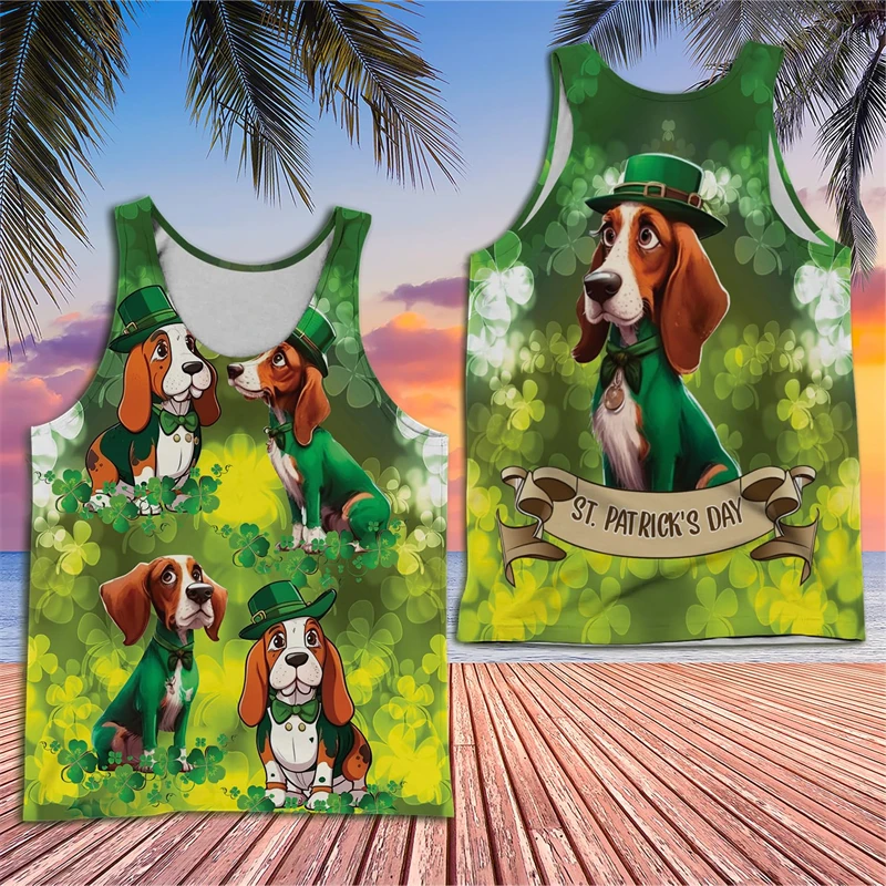 

Happy St Patrick Day 3D Print Tank Top For Men Clothes Hawaiian Clover Animal Dog Graphic Vest Pet Dogs Waistcoat Kids Gift Tops