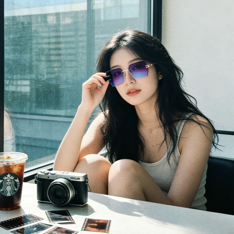 1 Stück randlose, abgeschrägte, quadratische Sonnenbrille für Damen mit Metallrahmen und ozeanblauen Gläsern