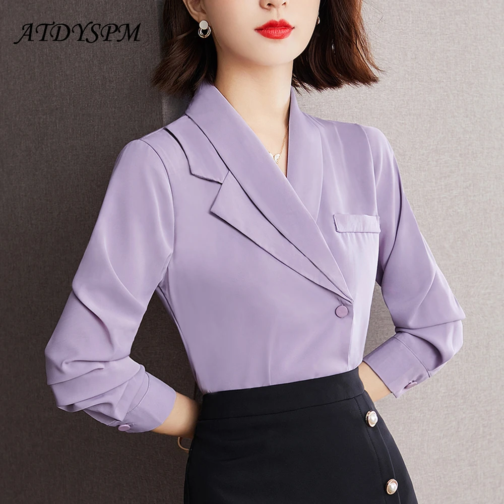 Elegant Office Lady Long Sleeve Purple Blouses Vintage Notched Neck Shirts Woman Casual Female Tops Blusas Mujer De Moda 2024