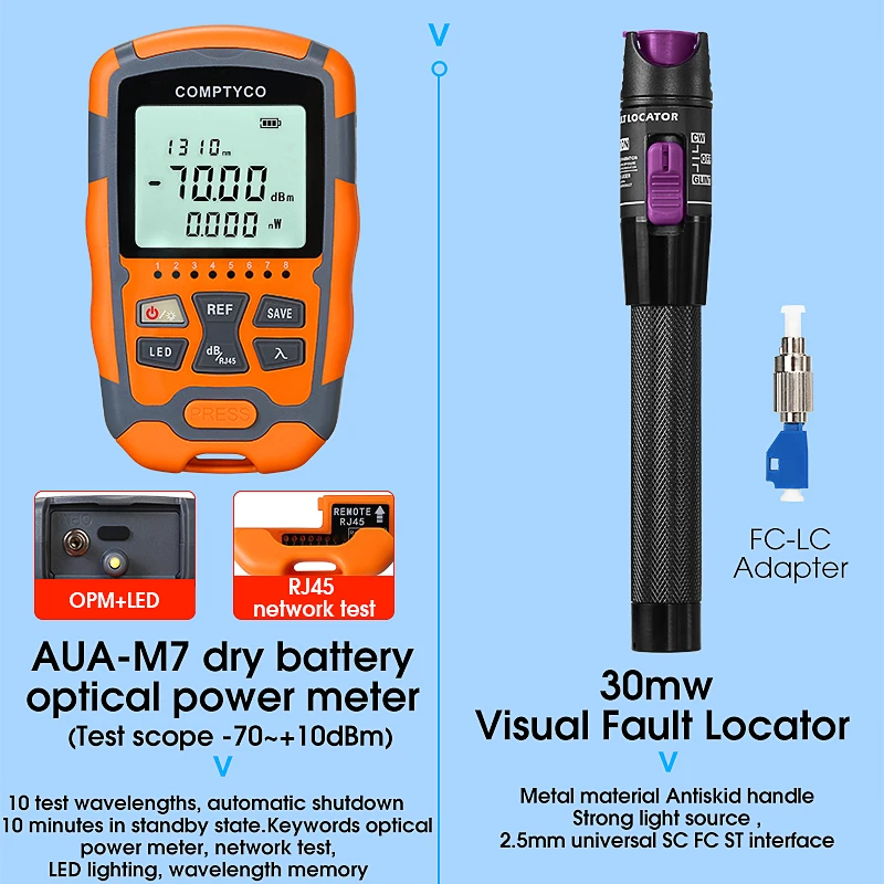 COMPTYCO AUA-M7/M5 Optical Power Meter and 30mw (purple) Visual Fault Locator AUA-7S Fiber Cleaver FTTH Fiber Optic Tool Kit