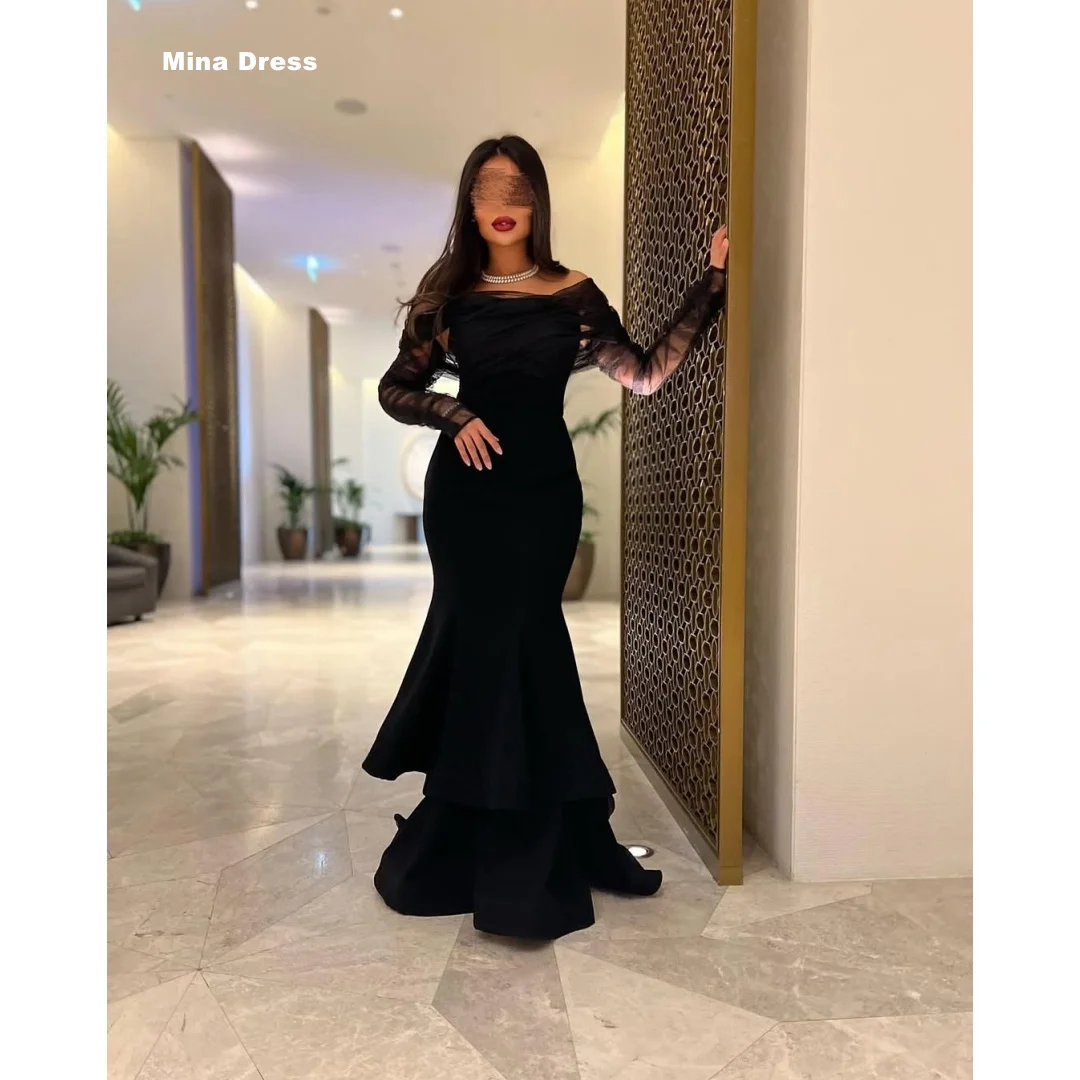 

Mina Customized Black Elegant Chic Woman Evening Dress Multi-layer Dresses for Special Occasions Pleated Long Sleeves Party Prom