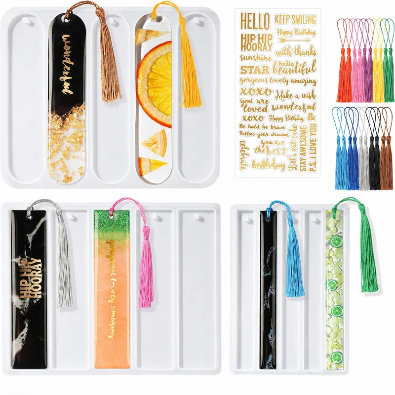 24Bookmarks Resin Mold Set，Include3Epoxy resin bookmark mold、1Stickers and20A bookmark tassel，Casting molds suitable for making