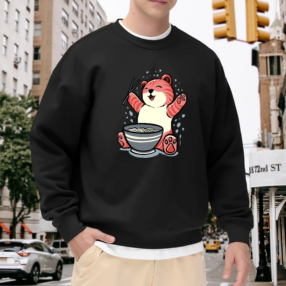 

Men's Black Crew Neck Loose Sweatshirt with Cartoon Tiger Eating Noodles Print, Casual Street Fashion Versatile Top, Comfortable and Breathable Polyester Fabric for Everyday Wear