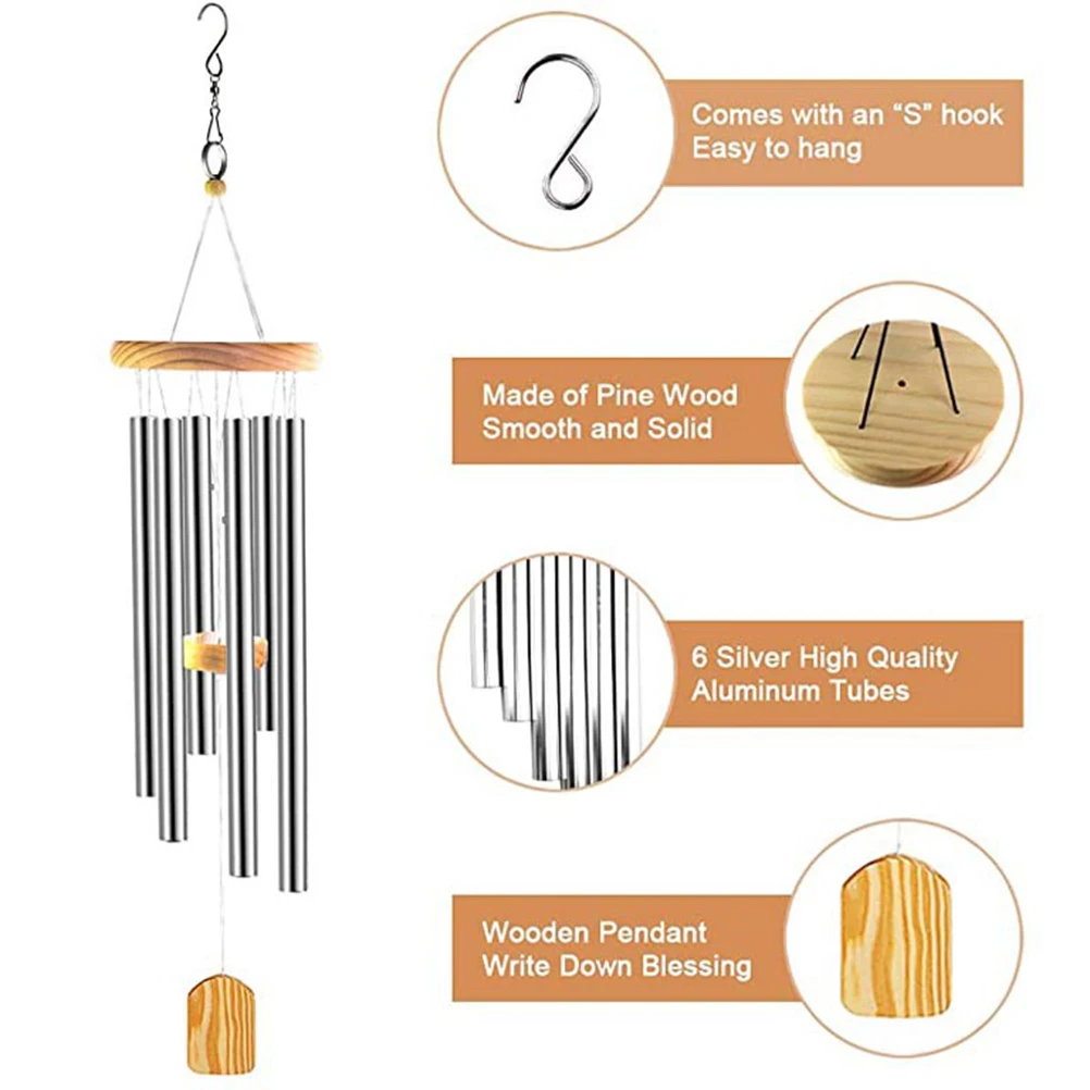 For Wind Chimes Outdoor Wooden Wind chime For Outdoor Wind Chime For Home Decoration 6 Aluminum Tubes & S Hook