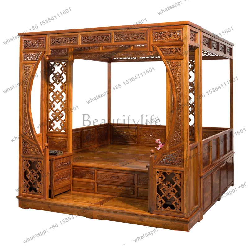 Antique solid wood Chinese furniture double bed carved shelf bed