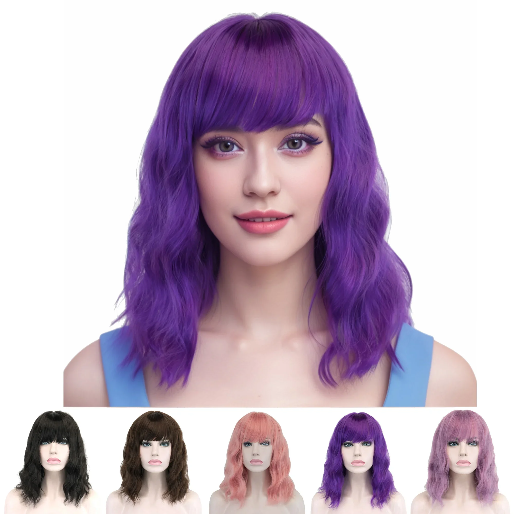 Soowee Synthetic Short Kinky Violet Curly Wig Afro Hair Cosplay Wigs with Bangs Costume Party Headwear for Women