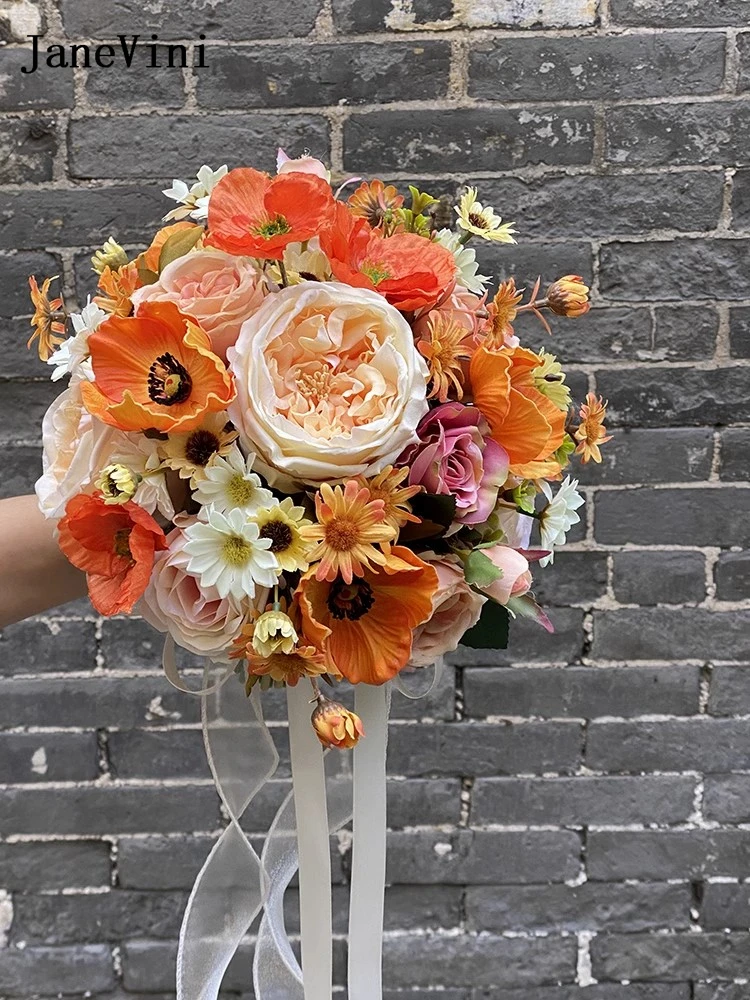 

JaneVini French Style Orange Champagne Bride Flowers Wedding Bouquets Artificial Bridal Holding Flowers Wedding Photography Prop