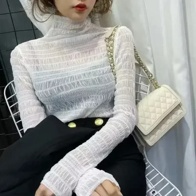 Pullover Transparent Women Lace Solid Blouse Female Bottoming Blouses Cheaper Tops Kawaii T Shirt Elastic Mesh Shirt