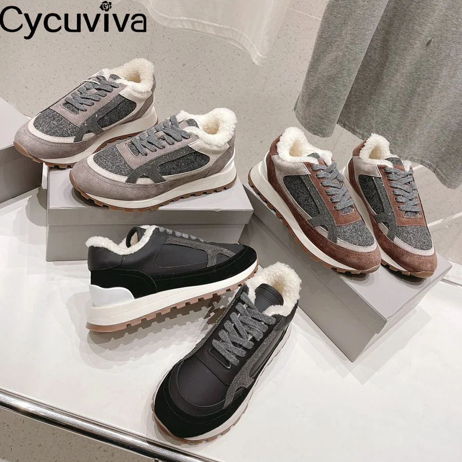 Designer New Leather Lace Up Platform Shoes Women Thick Sole Wool Fur Flats Autumn Casual Party Vacation Walking Shoes For Women