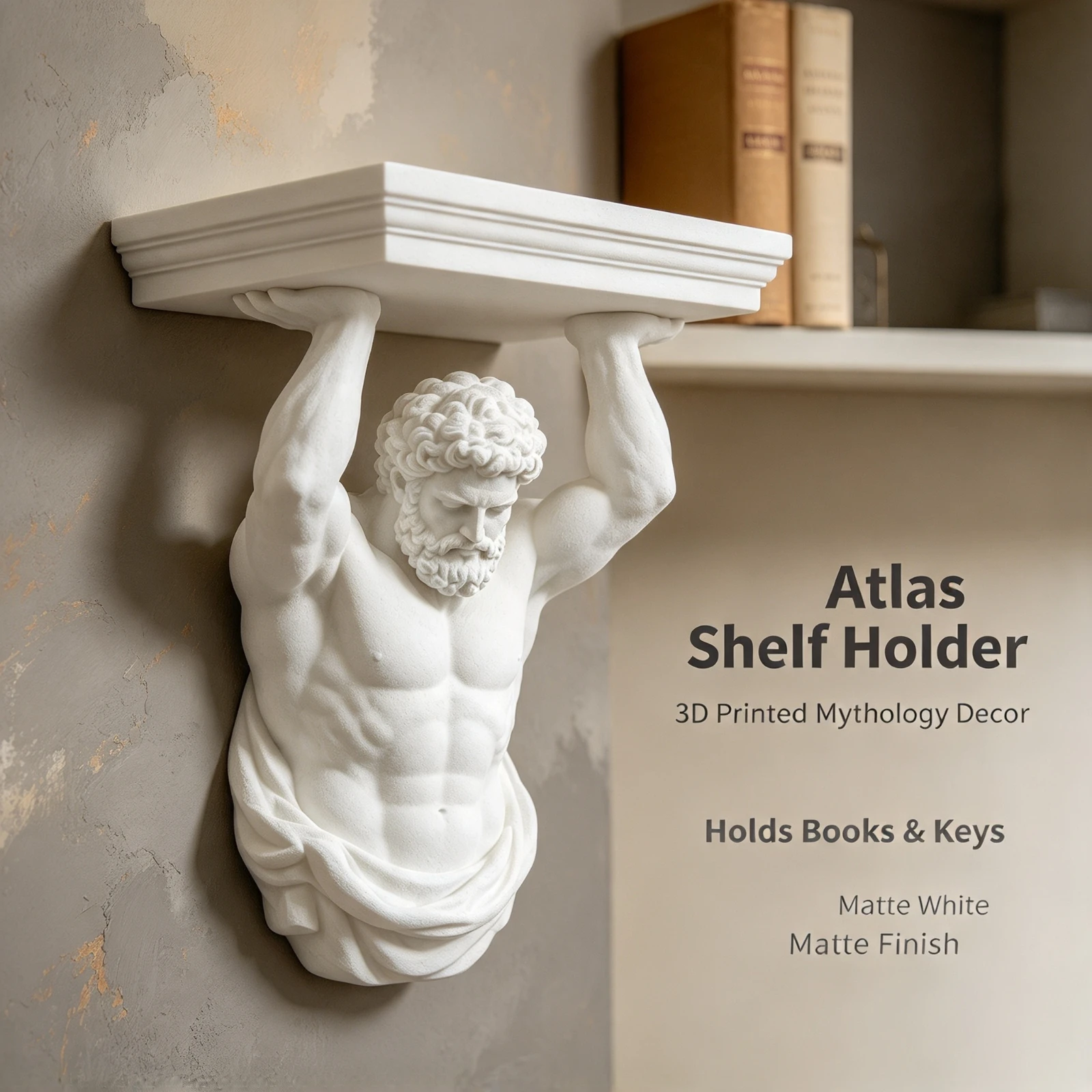 12.8cm 3D Printed Atlas Statue, Shelf Holder White Greek Mythology, Man Figure Wall Mount Bracket, Home Living Room Decor Gift