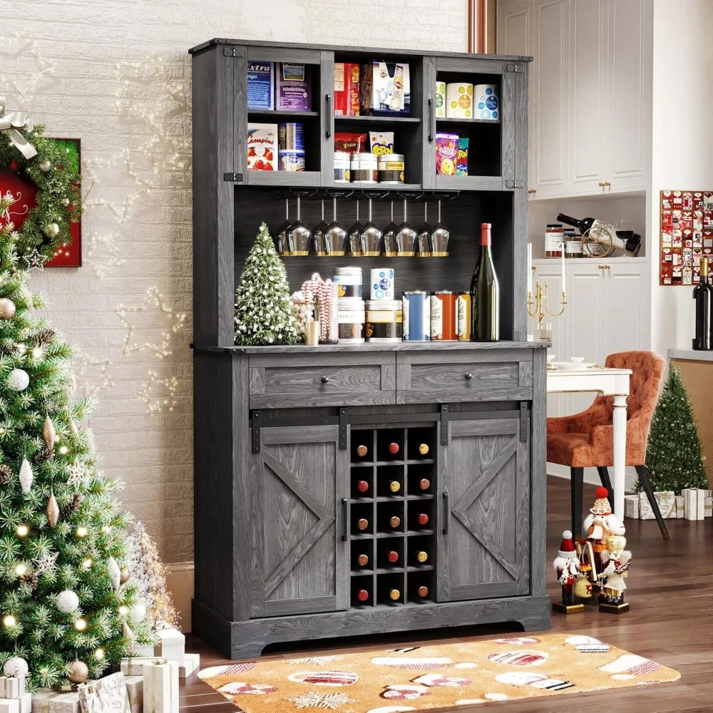 Wine Bar Cabinet with Sliding Barn Door, 72" Hutch Cabinet with Wine&Glasses Rack, Kitchen Pantry Buffet Cabinet with Drawers