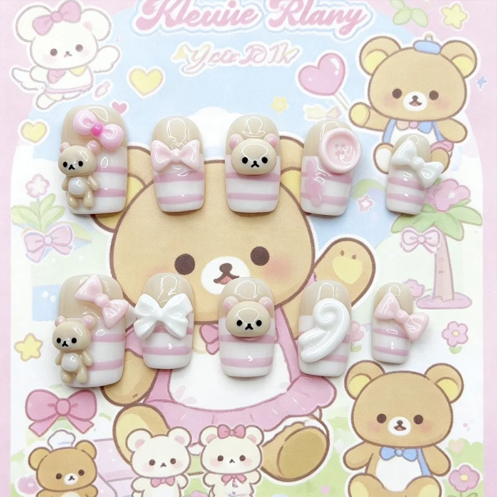Cartoon Niedlicher Rosa Hase Dessert Liebesbär Ellipsen-Nagelkunst 3D Stern Schmetterling Knoten Flügel Punkt-Muster Künstliche Nägel Geburtstagsgeschenk – Detail 8