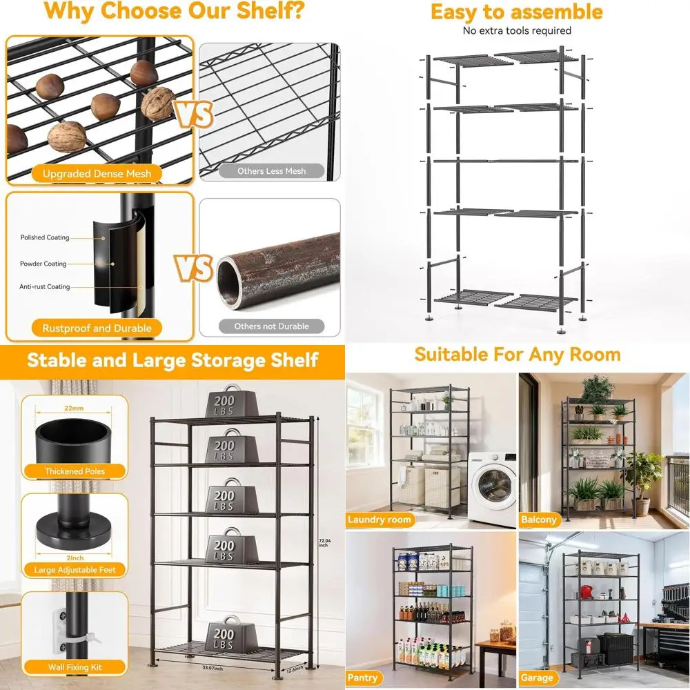 

5-Tier Metal Rack Organizer, Adjustable Shelving Unit for Space-Saving Storage in Kitchen, Garage, Closet, and More, 33.07x12.6x